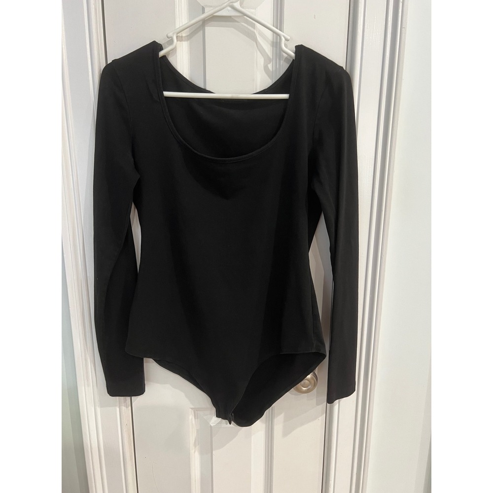 Mangdiup Womens Black Long Sleeve Scoop Neck Bodysuit Size Large L Stretch Basic